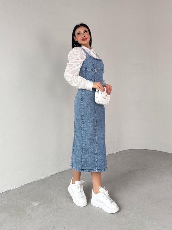 ELB-01742 Mavi Taşlamalı Havuz Yaka Denim Kumaş Arka Yırtmaç DetaylıTaşlamalı ve likralıd Likralı Midiboy Elbise
