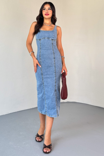 ELB-01742 Mavi Taşlamalı Havuz Yaka Denim Kumaş Arka Yırtmaç Detaylı Taşlamalı ve Likralı Midiboy Elbise - 3