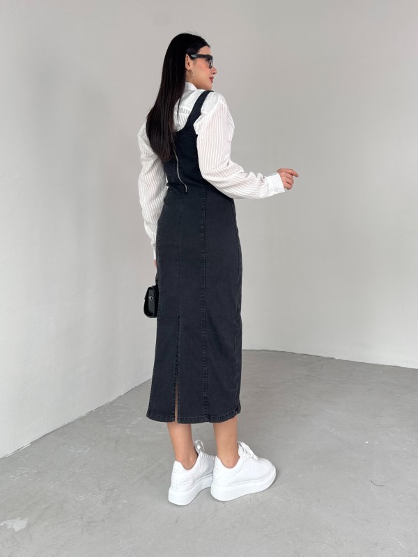 ELB-01742 Siyah Havuz Yaka Denim Kumaş Arka Yırtmaç Detaylı Likralı Midiboy Elbise