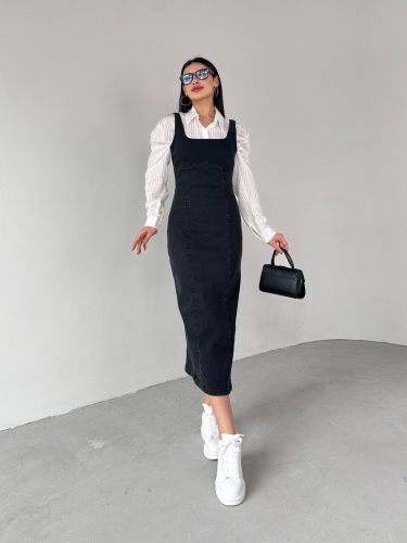 ELB-01742 Siyah Havuz Yaka Denim Kumaş Arka Yırtmaç Detaylı Likralı Midiboy Elbise - Thumbnail