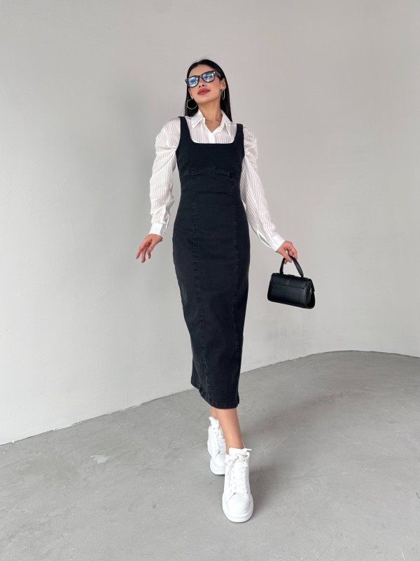 ELB-01742 Siyah Havuz Yaka Denim Kumaş Arka Yırtmaç Detaylı Likralı Midiboy Elbise