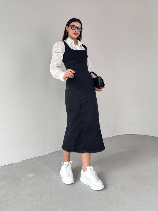 ELB-01742 Siyah Havuz Yaka Denim Kumaş Arka Yırtmaç Detaylı Likralı Midiboy Elbise