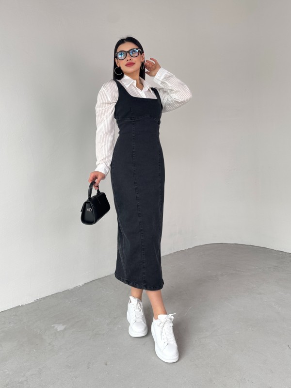 ELB-01742 Siyah Havuz Yaka Denim Kumaş Arka Yırtmaç Detaylı Likralı Midiboy Elbise