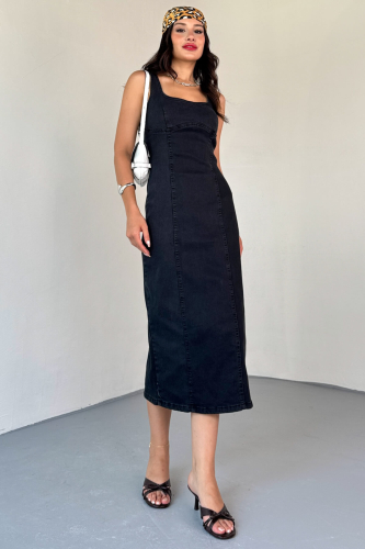 ELB-01742 Siyah Havuz Yaka Denim Kumaş Arka Yırtmaç Detaylı Likralı Midiboy Elbise 