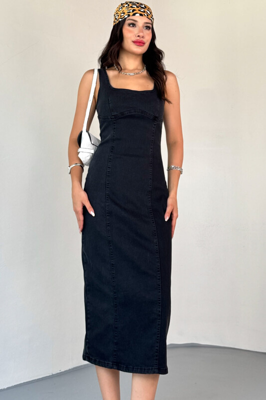 ELB-01742 Siyah Havuz Yaka Denim Kumaş Arka Yırtmaç Detaylı Likralı Midiboy Elbise - 2