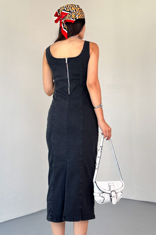 ELB-01742 Siyah Havuz Yaka Denim Kumaş Arka Yırtmaç Detaylı Likralı Midiboy Elbise - 4