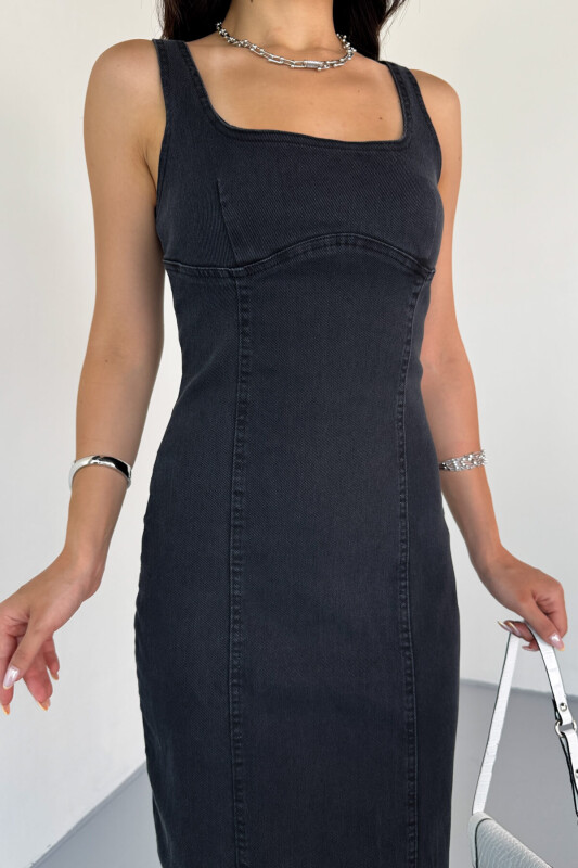 ELB-01742 Siyah Havuz Yaka Denim Kumaş Arka Yırtmaç Detaylı Likralı Midiboy Elbise - 5