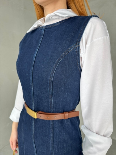 Cappmoda - ELB-01745 Koyu Mavi Bisiklet Yaka Arka Fermuar Detay Yırtmaçlı Elbise (1)