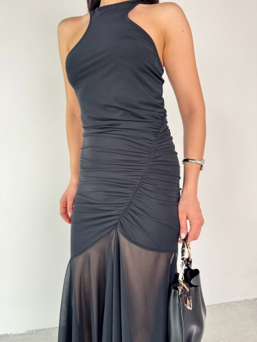 Cappmoda - ELB-01747 Siyah Halter Yaka Drapeli Tül Detay Elbise (1)