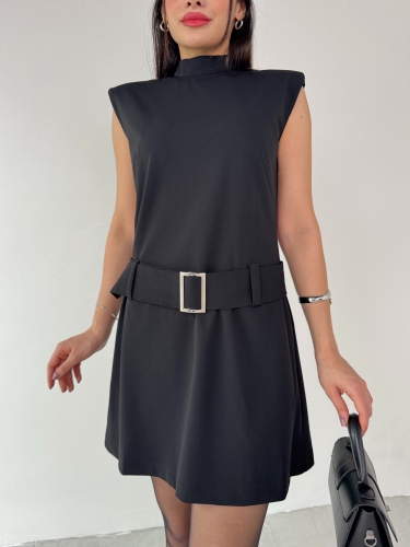 Cappmoda - ELB-01750 Siyah Vatkalı Kemerli Dik Yaka Mini Elbise (1)