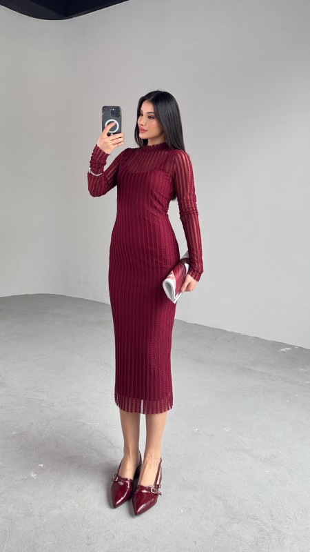 ELB-01751 Bordo Transparan İp Askılı Astarlı Uzun Elbise