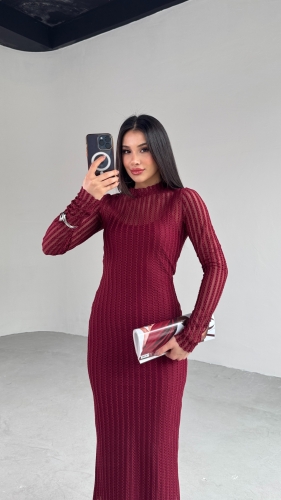 Cappmoda - ELB-01751 Bordo Transparan İp Askılı Astarlı Uzun Elbise (1)