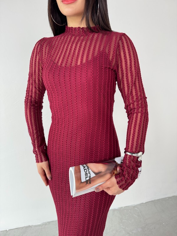 ELB-01751 Bordo Transparan İp Askılı Astarlı Uzun Elbise