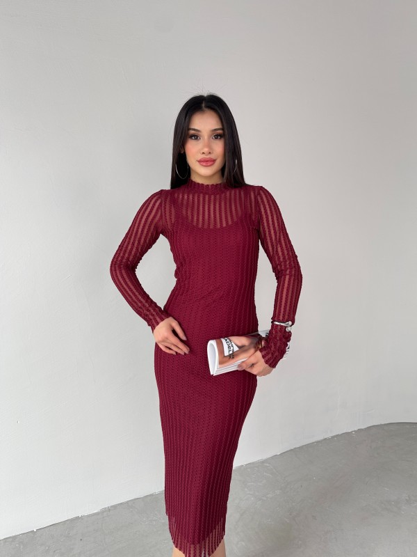 ELB-01751 Bordo Transparan İp Askılı Astarlı Uzun Elbise