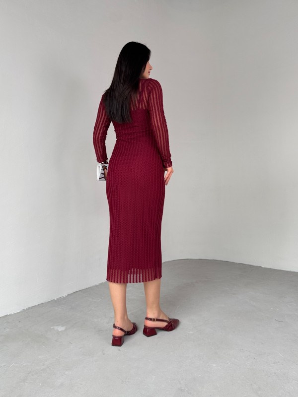 ELB-01751 Bordo Transparan İp Askılı Astarlı Uzun Elbise