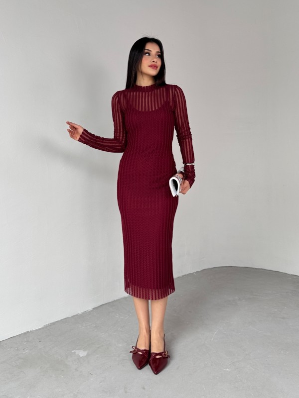 ELB-01751 Bordo Transparan İp Askılı Astarlı Uzun Elbise