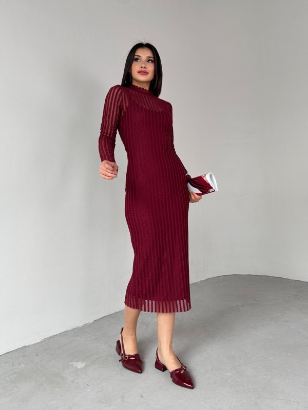 ELB-01751 Bordo Transparan İp Askılı Astarlı Uzun Elbise
