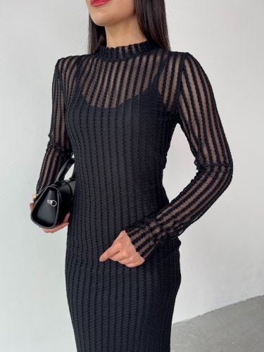 Cappmoda - ELB-01751 Siyah Transparan İp Askılı Astarlı Uzun Elbise (1)