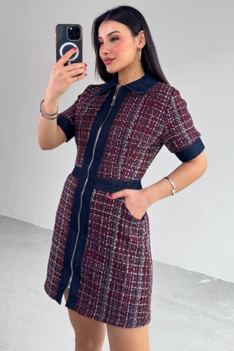 Cappmoda - ELB-01753 Bordo Jean Detay Fermuarlı Kısa Kol Günlük Elbise (1)