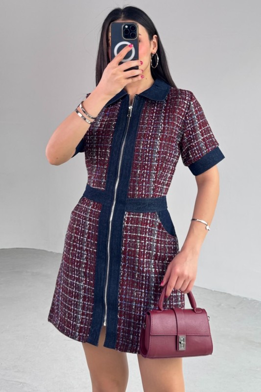ELB-01753 Bordo Jean Detay Fermuarlı Kısa Kol Günlük Elbise