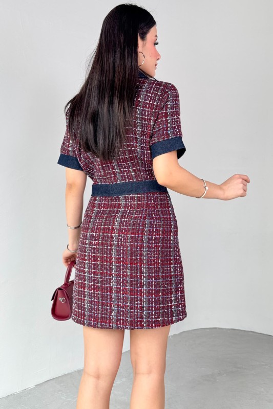 ELB-01753 Bordo Jean Detay Fermuarlı Kısa Kol Günlük Elbise