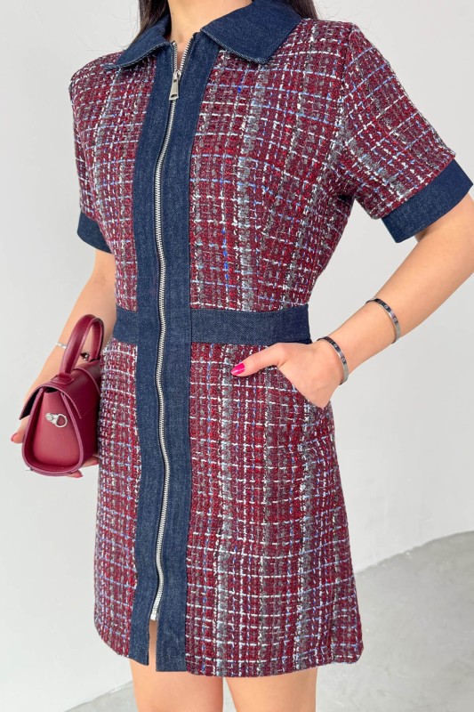 ELB-01753 Bordo Jean Detay Fermuarlı Kısa Kol Günlük Elbise