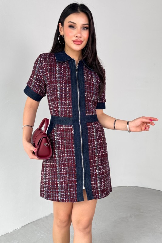 ELB-01753 Bordo Jean Detay Fermuarlı Kısa Kol Günlük Elbise