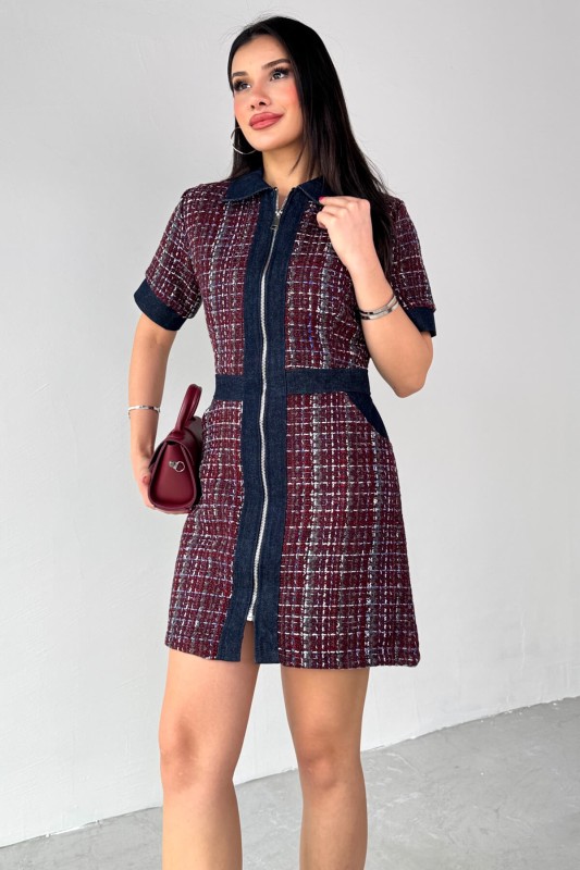 ELB-01753 Bordo Jean Detay Fermuarlı Kısa Kol Günlük Elbise