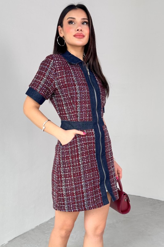 ELB-01753 Bordo Jean Detay Fermuarlı Kısa Kol Günlük Elbise