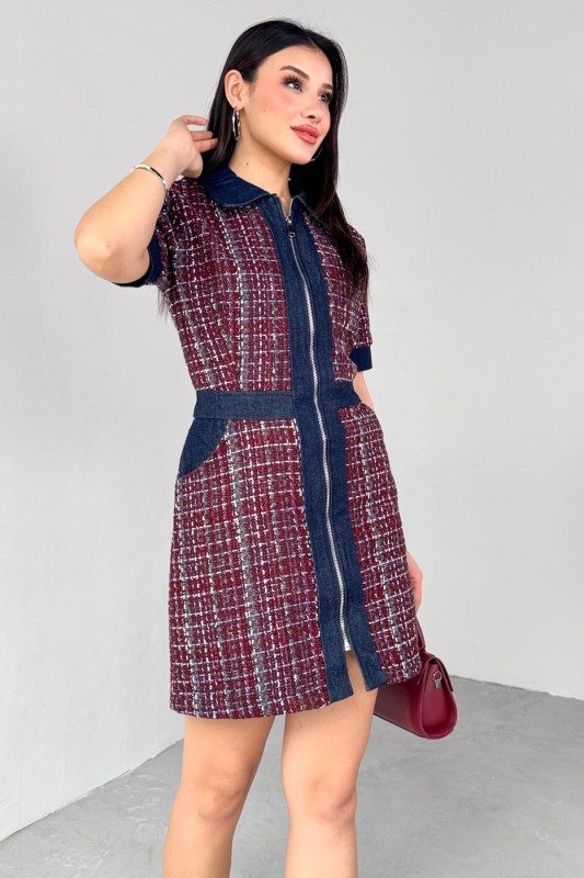 ELB-01753 Bordo Jean Detay Fermuarlı Kısa Kol Günlük Elbise
