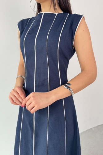 Cappmoda - ELB-0402 Lacivert Çizgi Detaylı Keten Kumaş Midi Boy Elbise (1)