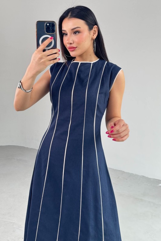ELB-0402 Lacivert Çizgi Detaylı Keten Kumaş Midi Boy Elbise