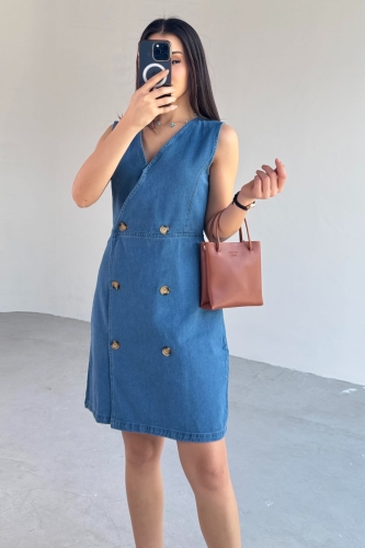 Cappmoda - ELB-01754 Mavi V Yaka Düğmeli Kot Elbise (1)