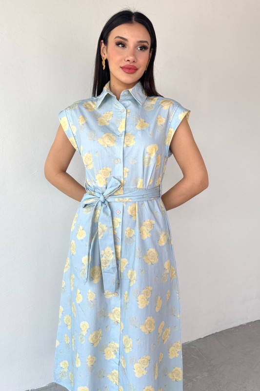 ELB-01757 Bebe Mavi Çiçekli Pamuklu Günlük Elbise