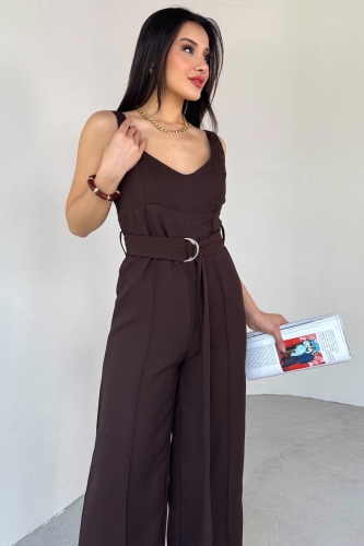 Cappmoda - ELB-01758 Acı Kahve İnce Askılı Kuşaklı Tulum (1)