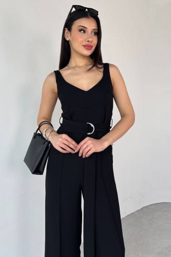 Cappmoda - ELB-01758 Siyah İnce Askılı Kuşaklı Tulum (1)