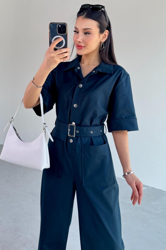 ELB-01760 Lacivert Metal Çıtçıtlı İnce Gabardin Tulum