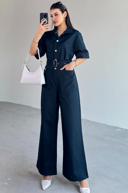 ELB-01760 Lacivert Metal Çıtçıtlı İnce Gabardin Tulum