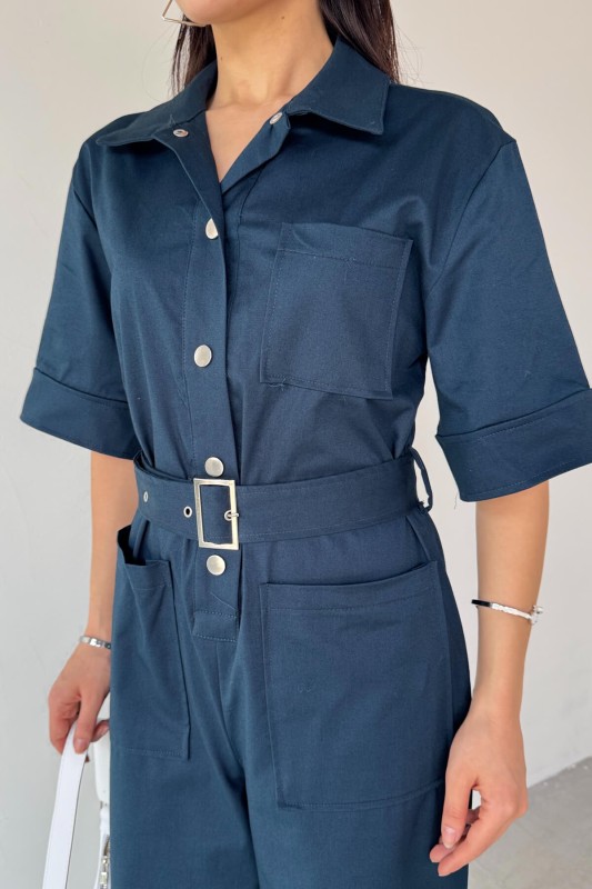 ELB-01760 Lacivert Metal Çıtçıtlı İnce Gabardin Tulum