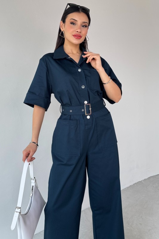 ELB-01760 Lacivert Metal Çıtçıtlı İnce Gabardin Tulum