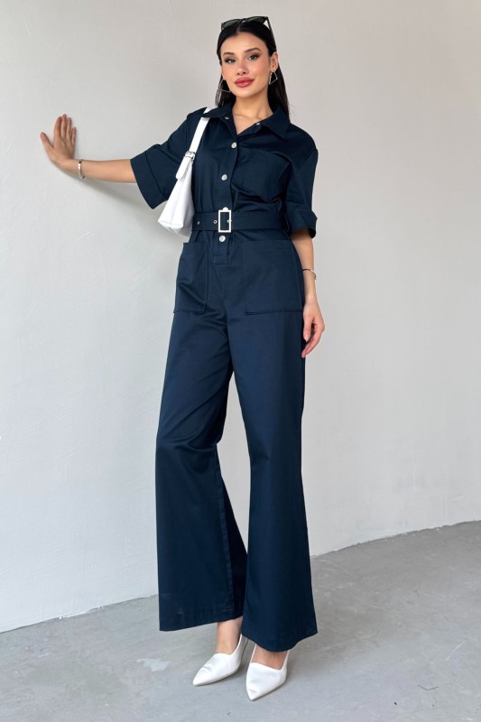 ELB-01760 Lacivert Metal Çıtçıtlı İnce Gabardin Tulum