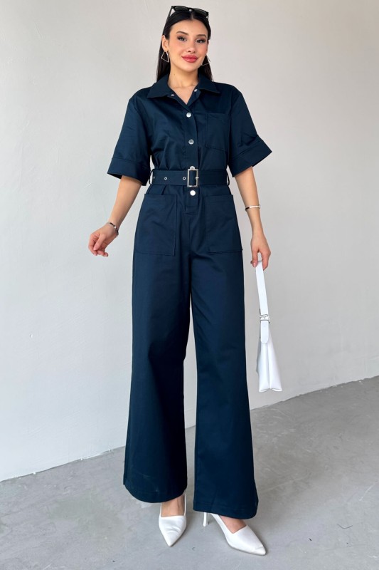 ELB-01760 Lacivert Metal Çıtçıtlı İnce Gabardin Tulum