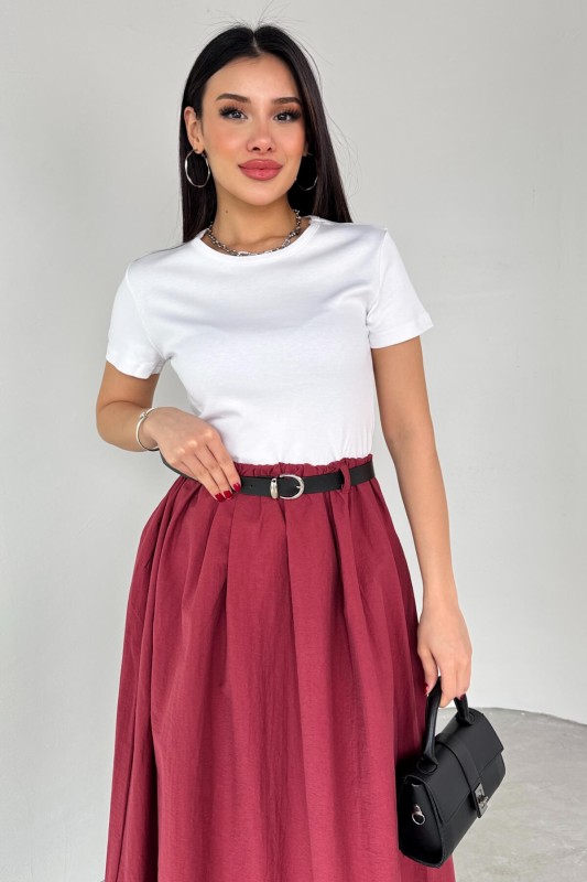 ELB-01762 Bordo Kemerli Balon Etekli Elbise