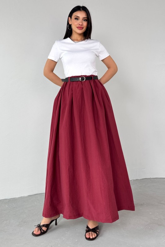 ELB-01762 Bordo Kemerli Balon Etekli Elbise