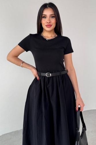 Cappmoda - ELB-01762 Siyah Kemerli Balon Etekli Elbise (1)