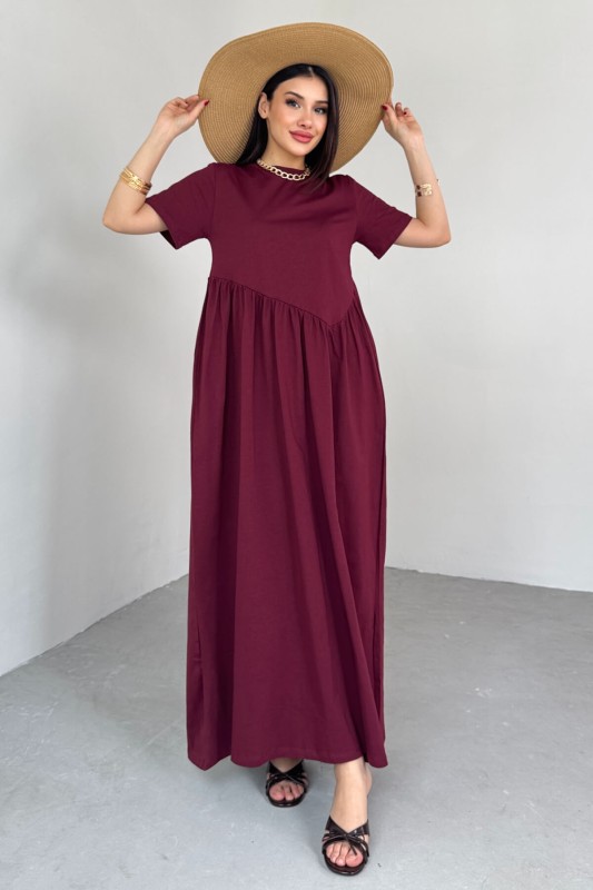 ELB-01763 Bordo Bel Pile Detaylı KIsa Kol Midi Boy Elbise