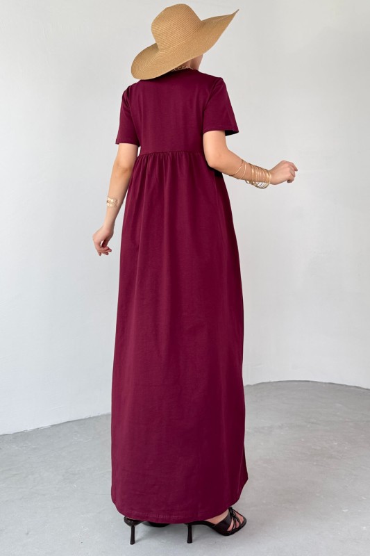 ELB-01763 Bordo Bel Pile Detaylı KIsa Kol Midi Boy Elbise