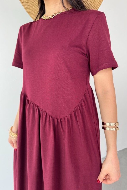 ELB-01763 Bordo Bel Pile Detaylı KIsa Kol Midi Boy Elbise