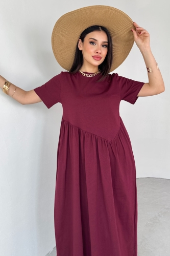Cappmoda - ELB-01763 Bordo Bel Pile Detaylı KIsa Kol Midi Boy Elbise (1)