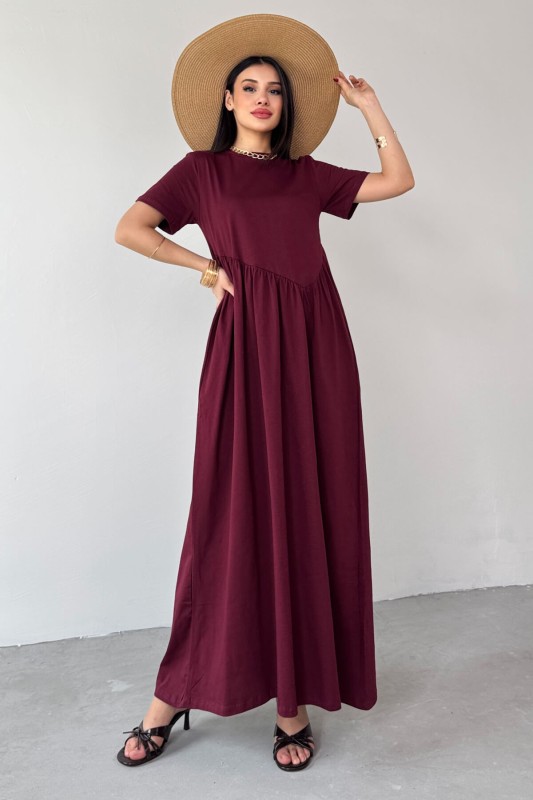 ELB-01763 Bordo Bel Pile Detaylı KIsa Kol Midi Boy Elbise